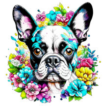 Boston Terrier in Pink, Blue and Yellow Flowers