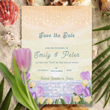 Pastel Beach Sunset Watercolor Wedding Stationery