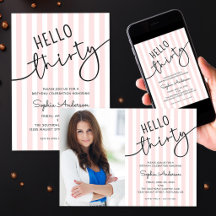 Hello Thirty Modern Script Chic Stripes Birthday