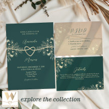 Emerald Green Gold Floral Wedding Invitation Suite