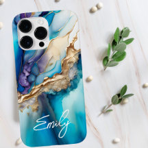 Modern Elegant Blue Gold Marble Personalized Name