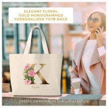 Elegant Floral Gold Monogrammed Personalized Totes