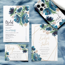 Elegant dusty blue gold Floral Watercolor Wedding