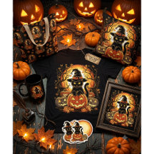 Vintage Black Cat Witch & Pumpkin Halloween 