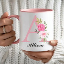 Custom Pink Rose Floral Monogram Mug Gift for Her