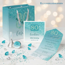 Refined Teal Blue Glitter & Gold   80th Birthday