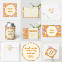 Groovy Retro Orange Purple Floral Bridal Shower