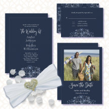 Minimal Navy Blue White Wildflower Floral Wedding