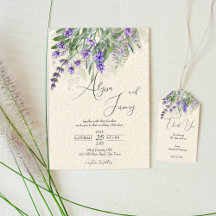 Rustic lavender wedding stationery and other