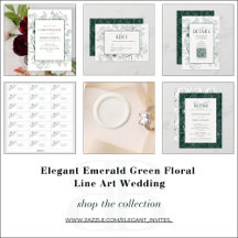 Elegant Emerald Green Floral Line Art Wedding
