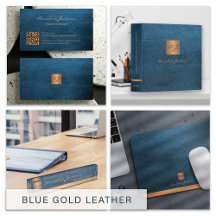 Monogrammed blue leather and gold office set