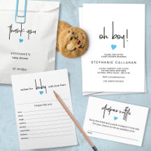 Chic baby boy shower stationery, tiny blue heart 