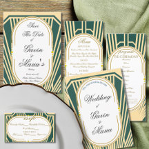 Art Deco Green and Gold Nouveau Stripes Wedding