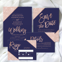 Rose gold glitter typography navy blue wedding