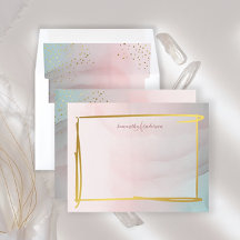 WATERCOLOR OMBRE GOLD FRAME PERSONALIZED NOTE CARD