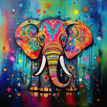 Cute Elephant Colorful Funky Mixed Media Animal 