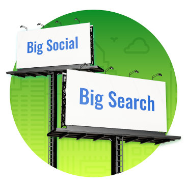 Ilustração de dois cartazes de grandes dimensões com os nomes “Big Social” e “Big Search”, que representam a escala de crescimento da publicidade digital.
