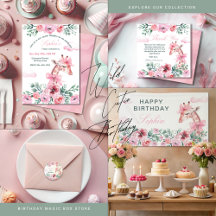Giraffe Pink Watercolor Floral Girl Birthday
