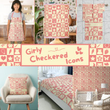 Cute Girly Modern Pink Checkered Icons Pattern