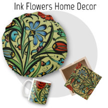 Ink Flower Drawing Red Green Blue Home Decor