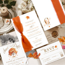 Elegant Watercolor Fall Leaves Monogram Wedding