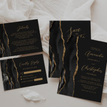 Agate Black Gold Modern Script Dark Wedding Suite