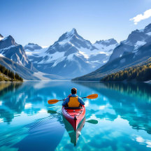 Man Kayaking with Mountains Background Serene