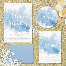Blue watercolor beach wedding invitations  