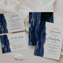 Agate Navy Blue Silver Modern Script Wedding Suite