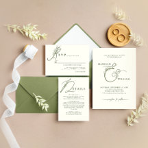 Elegant Ivory Moss Green Line Art Floral Wedding