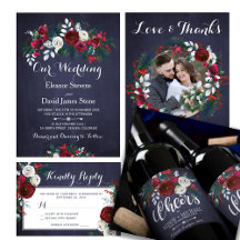 Rustic winter red floral botanical navy wedding