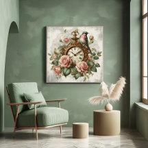 Shabby Chic Antique Clock, Bird, Elegant Rose
