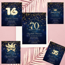 Elegant Gold Stars Navy Blue Birthday Invitations