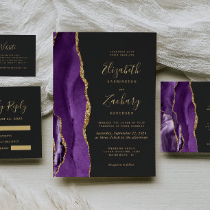 Cartão De Informações Detalhes do Casamento Dark Dourado de Agate Roxo M