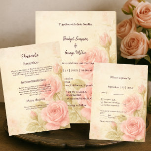 Convites Rosa Romântico Casamento vintage Floral Blush