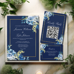 Cartão RSVP Casamento do Código Qr do Elegante Floral Dourado 