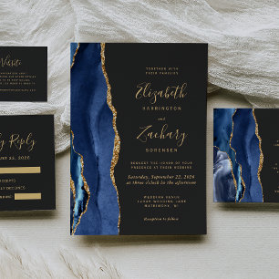 Cartão RSVP Azul Dourado Agate Dark Dark Wedk Mari