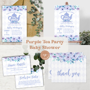 Convite Chá de fraldas de Aquarela Purple Party Tea