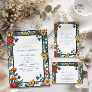 Convites Casamento Elegante Lemon Botanical Blue Mediterrân