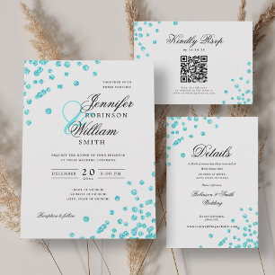 Convites Turquoise Confetti QR RSVP de Casamento de Script 