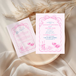 Cartão De Informações Funky Retro Hand desenhada Champagne Tower Weding