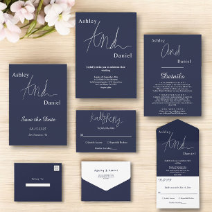 Casamento de Caligrafia Branca Azul-Marinho Simple