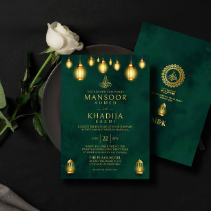 Convites Casamento Floral Islâmico Dourado Real Emerald Gre