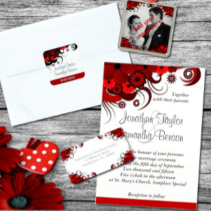 Convite de Casamento Personalizado Floral Vermelho