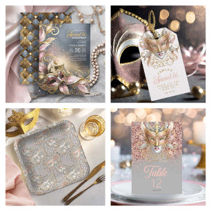 Convites Doce 16 Mascarada com Rosa Dourado ID1032