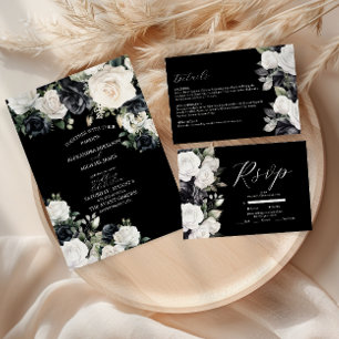 Convites Casamento Floral Branco e Preto Elegante