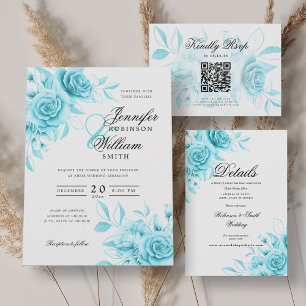 Convites Turquesa de Casamento de Script Elegante com RSVP 