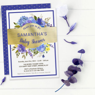 Convites Chá de fraldas de Banner Dourado Floral Roxo Elega