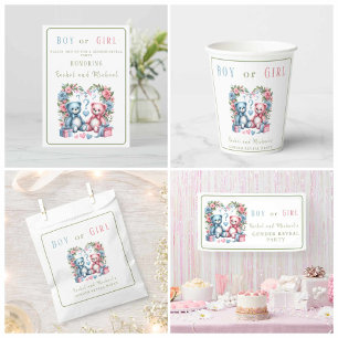 Convites Sexo revela chá de fraldas Teddy Bear azul rosa