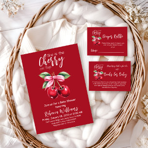 Convites Cherry Vermelho no Chá de fraldas do Arco Rosa Coq